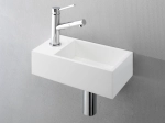 Lave-mains pour toilettes, évacuation dissimulée et de lignes épurées, résine Solid-Surface BENESTONE® blanc mat, Largeur 35 cm, P. 18 cm, H. 12 cm, Livraison 5-7 jours OFFERTE.